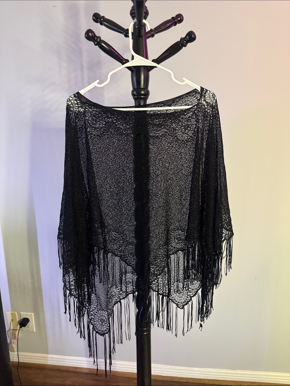 Lightweight Black Fringe Knit Poncho